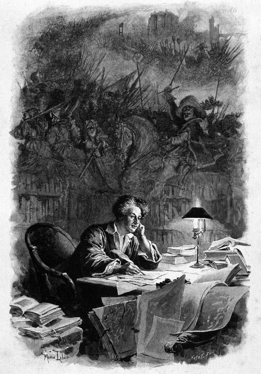Der französische Schriftsteller Alexandre Dumas (1802-1870) in seinem Büro, als er „Die drei Musketiere“ in den frühen 1840er Jahren schrieb. Illustration von Maurice Leloir (1851-1940). Rechte vorbehalten von Maurice Leloir
