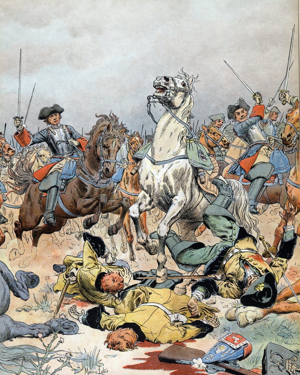 Spanischer Erbfolgekrieg: Der letzte Angriff der französischen Kavallerie in der Schlacht von Malplaquet (Belgien) am 11. September von Maurice Leloir