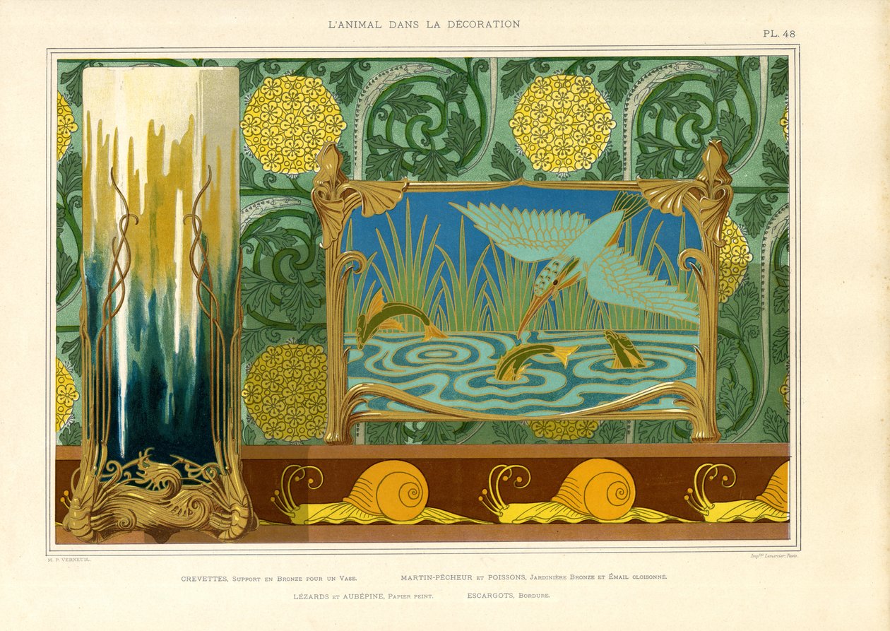 Jugendstil-Dekor mit Wasservögeln, Fischen und Schnecken von Maurice Pillard Verneuil
