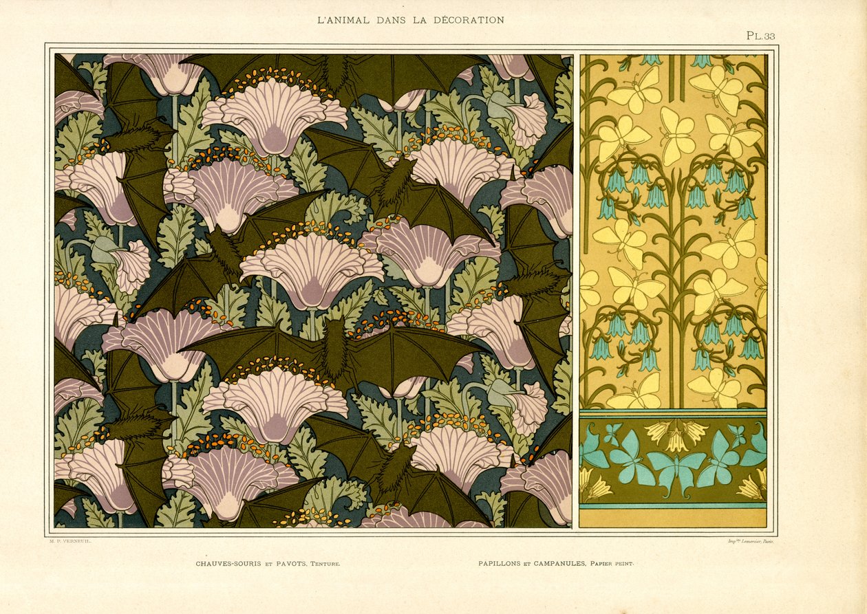 Jugendstil-Oberflächenmuster mit Fledermaus- und Schmetterlingsmotiven von Maurice Pillard Verneuil