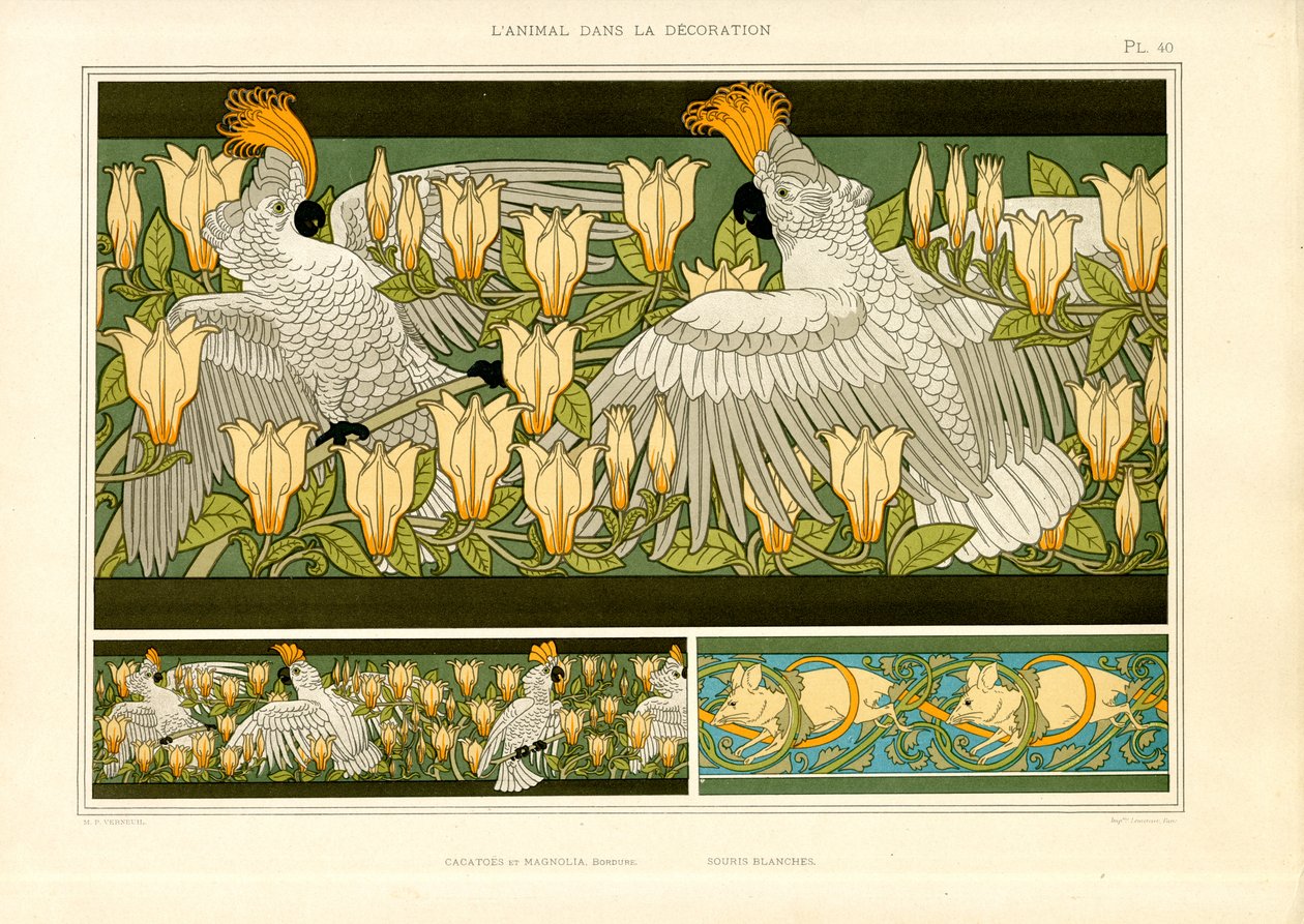 Dekorative Friese mit Kakadus, Magnolien und Mäusen (Lithografie) von Maurice Pillard Verneuil