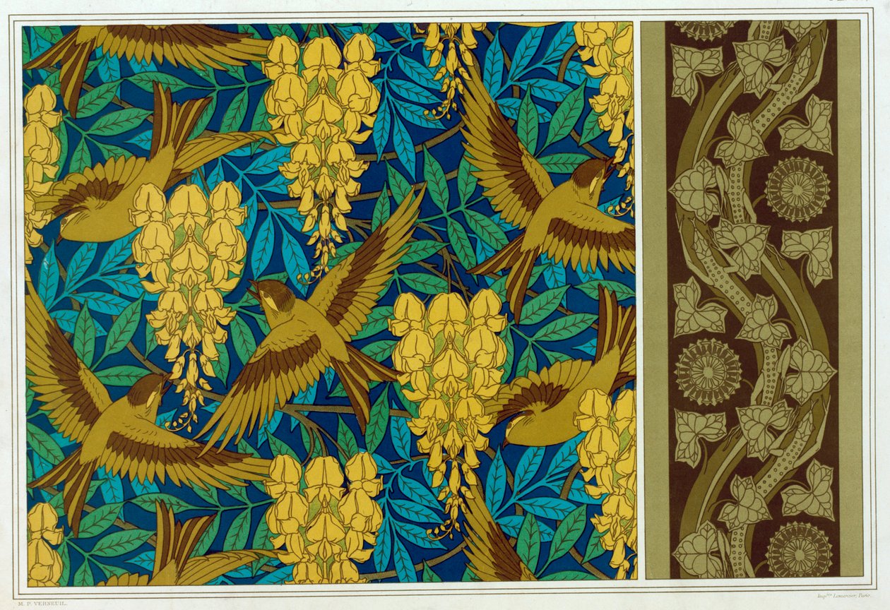Designs für Vögel und Wisteria Hängend und Tapetenbordüre mit Eidechsen und Efeu von Maurice Pillard Verneuil