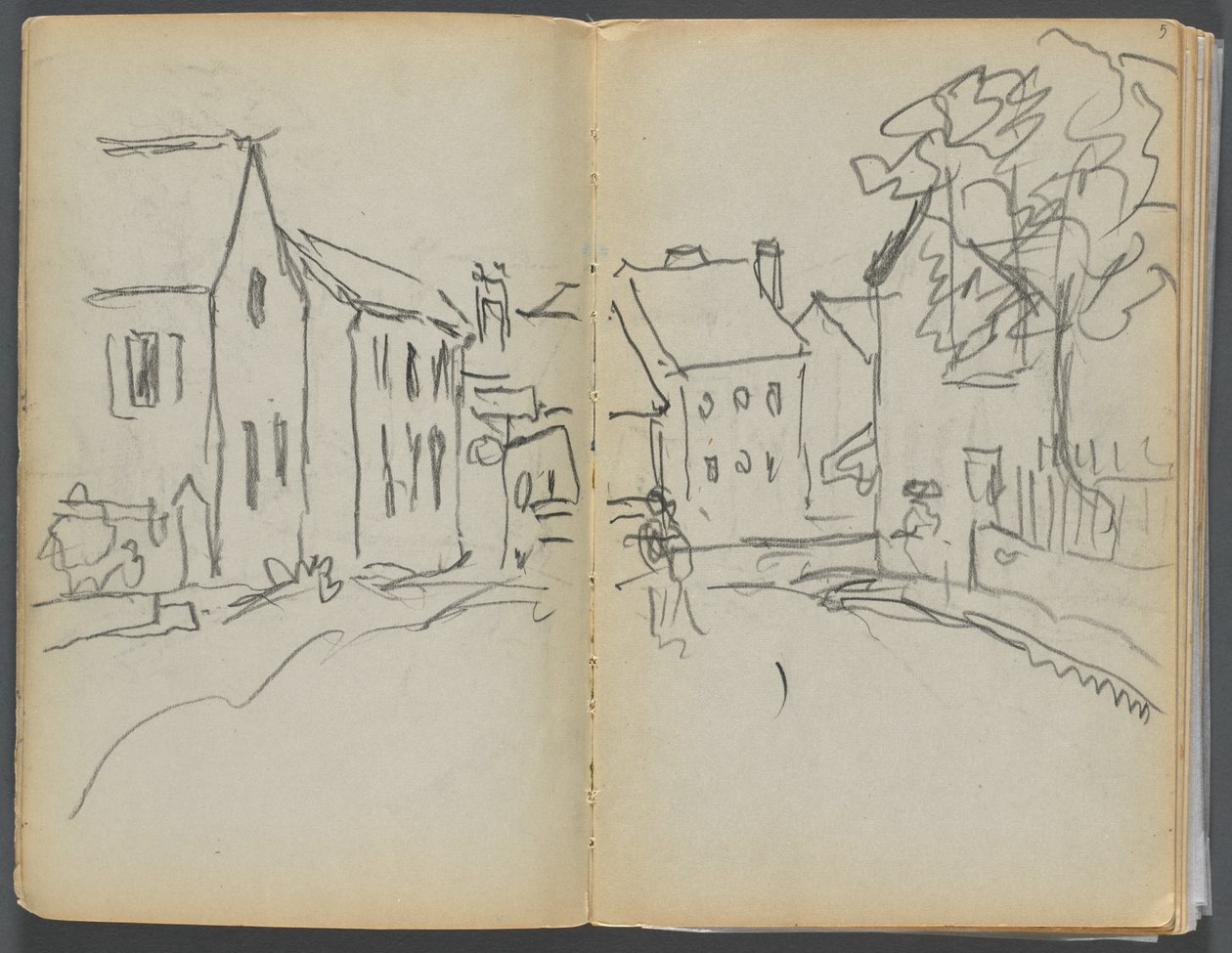 Skizzenbuch- Das Granitküstenhotel, Rockport, Seite 004 & 5: Straßenszene von Maurice Prendergast