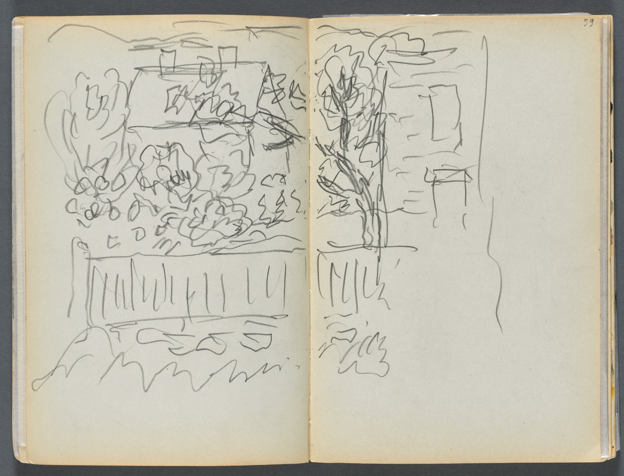 Skizzenbuch - The Granite Shore Hotel, Rockport, Seite 058 & 59: Haus und eingezäunter Garten von Maurice Prendergast