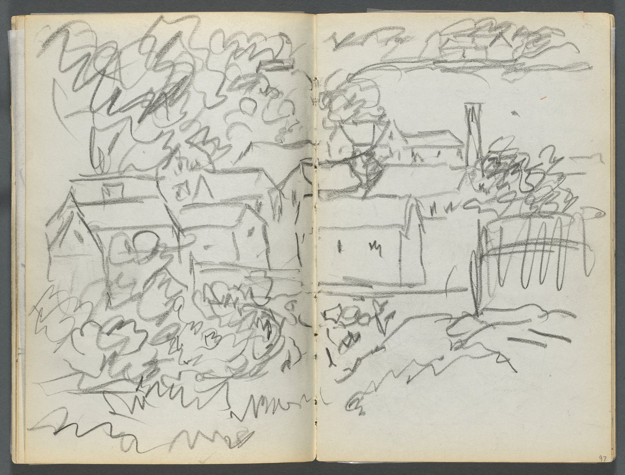 Skizzenbuch, The Dells, Nr. 127, Seite 096 & 97: Landschaft mit Häusern von Maurice Prendergast