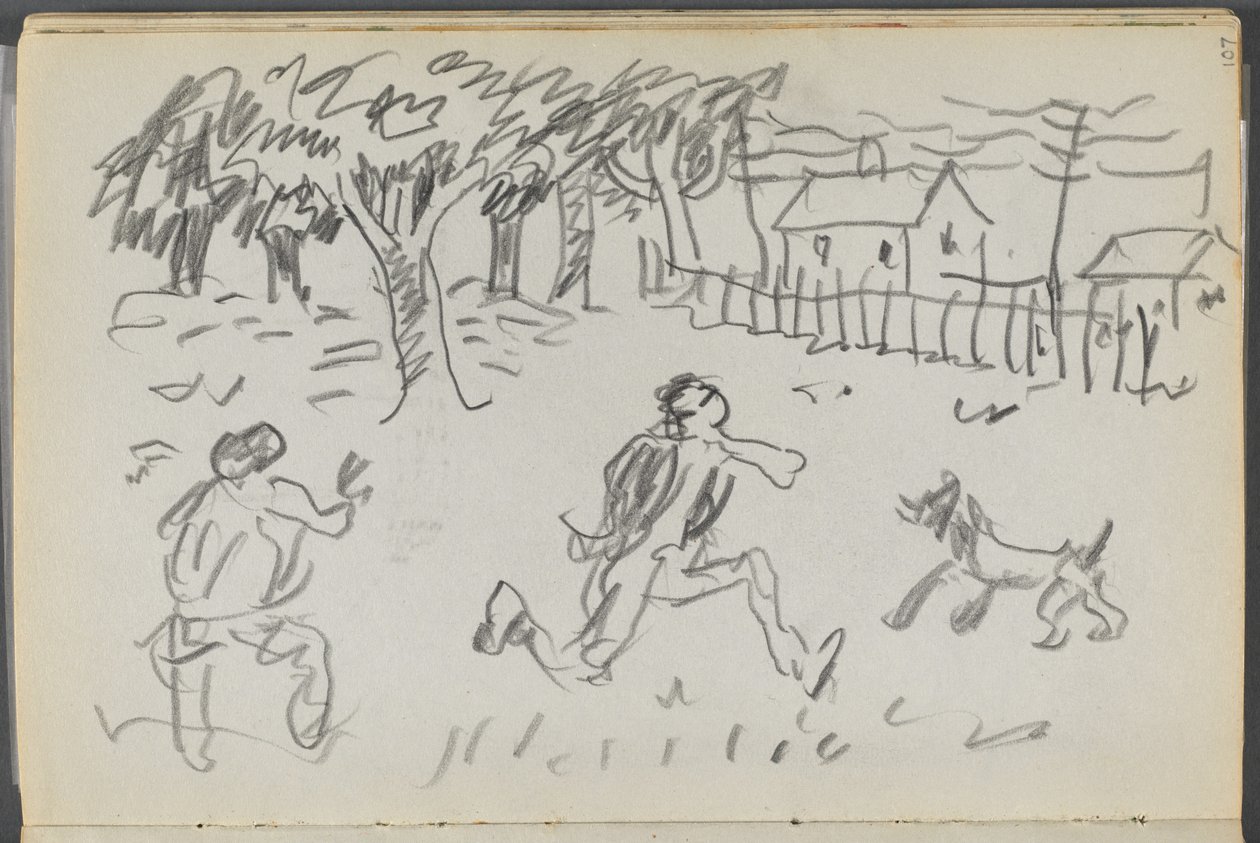 Skizzenbuch, The Dells, Nr. 127, Seite 107: Landschaft mit Figuren und Hund von Maurice Prendergast