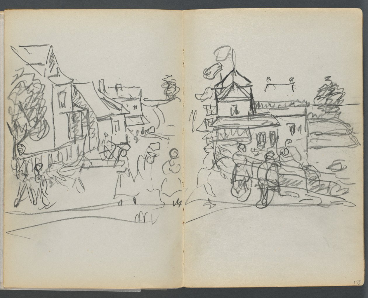 Skizzenbuch, The Dells, Nr. 127, Seite 174 & 175: Dorf mit Häusern und Straße von Maurice Prendergast