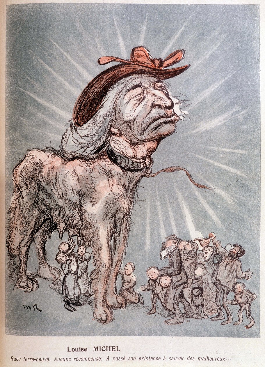 Karikatur von Louise Michel als Hund „Rasse Neufundländer, keine Belohnung, verbrachte ihr Leben damit, die Unglücklichen zu retten.“ von Maurice Radiguet
