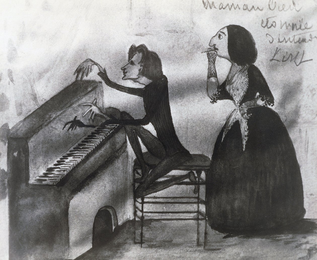 Karikatur von Franz Liszt und George Sand in Nohant, 1832 von Maurice Sand