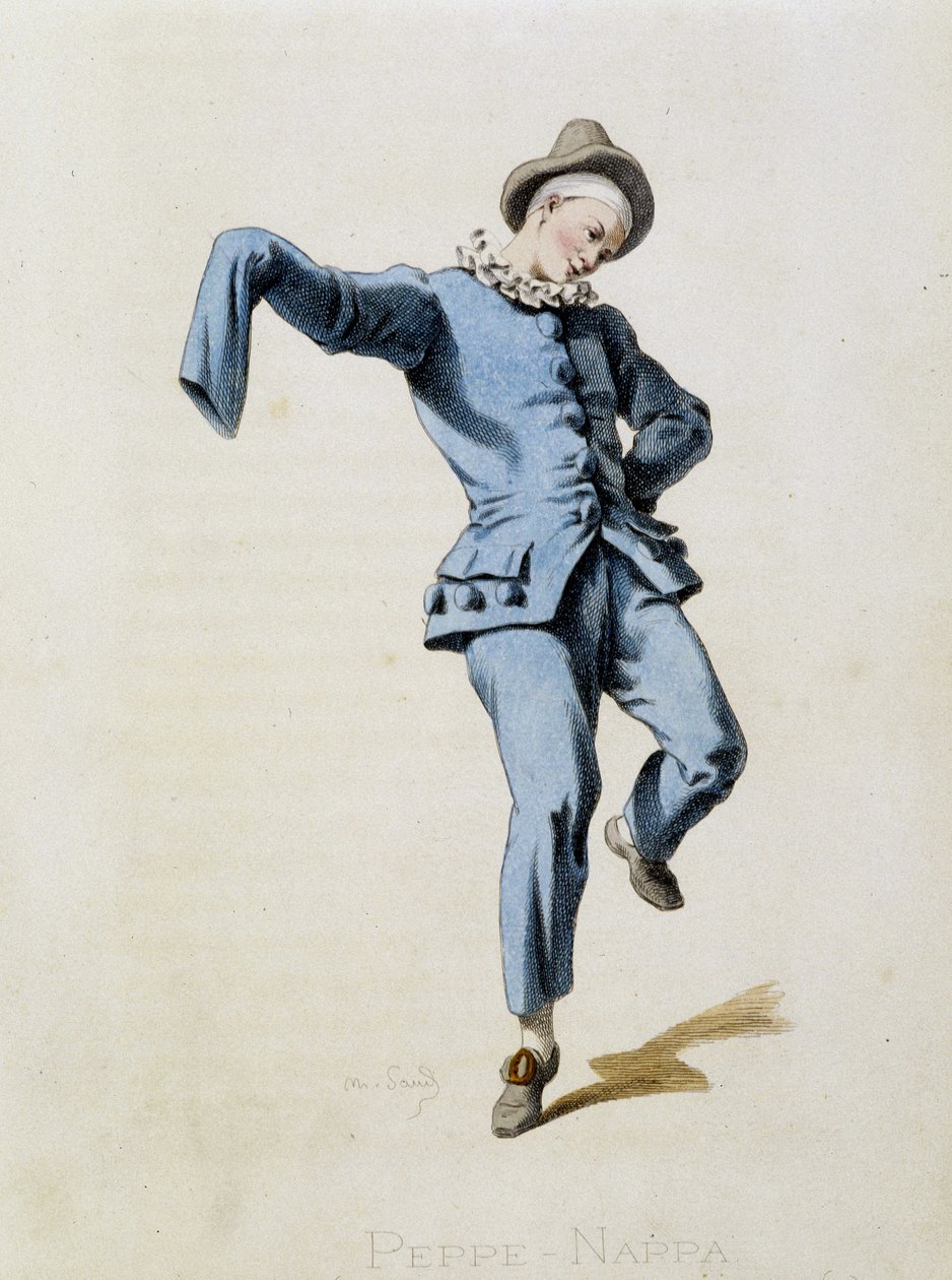 Peppe Nappa (Pierrot oder Peppe-Nappa) aus „Masques et bouffons“ (Italienische Komödie), Text und Zeichnungen von Maurice Sand, Drucke von A. Manceau, Vorwort von Georges Sand, Paris, Michel Lévy Frères von Maurice Sand