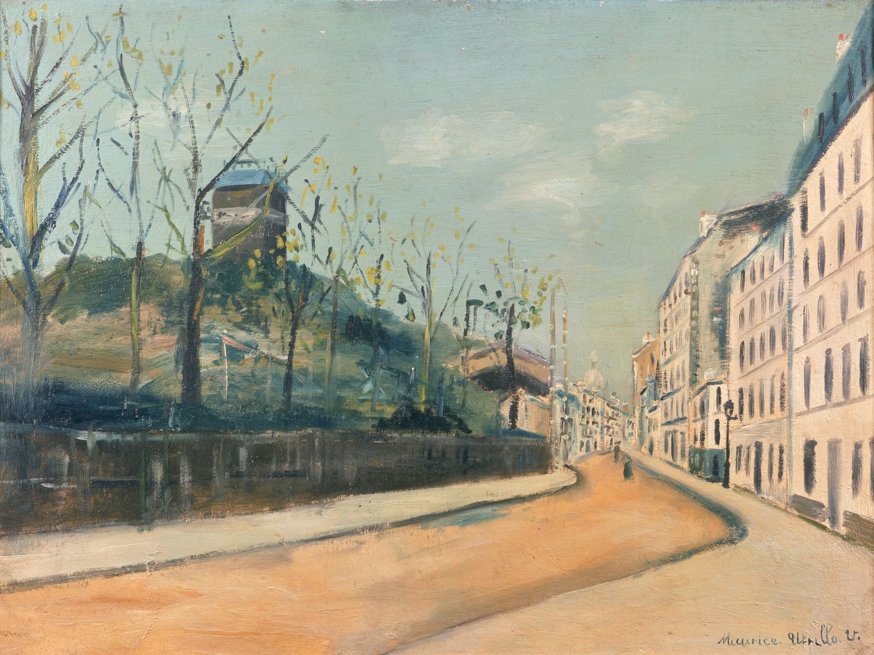 Rue Lepic, Montmartre, mit dem Moulin de la Galette und der Sacre Coeur von Maurice Utrillo
