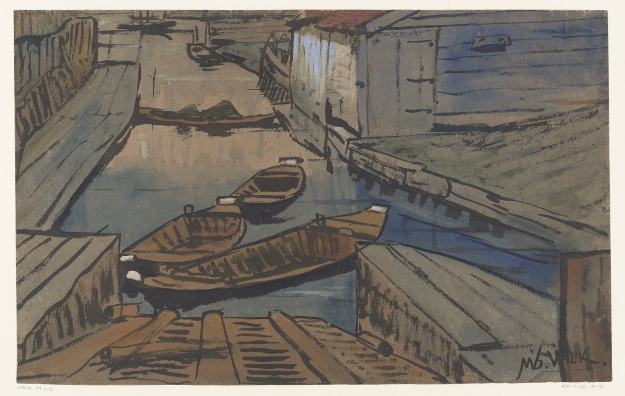 Boote in einem Graben zwischen Scheunen von Maurits van der Valk