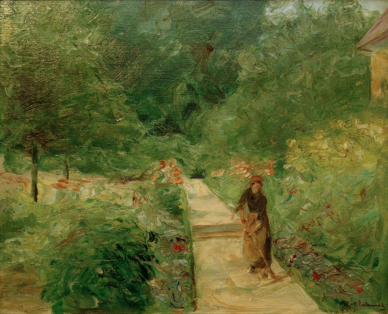Der Nutzgarten in Wannsee nach Westen, auf dem Wege eine Gärtnerin von Max Liebermann