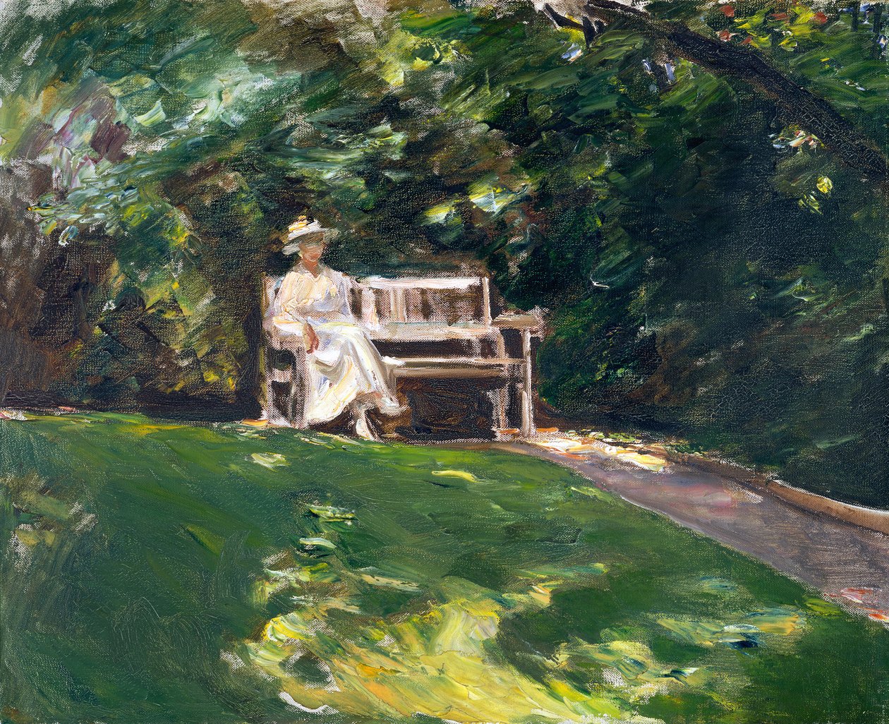 Gestalt seiner Tochter auf einer weißen Gartenbank von Max Liebermann