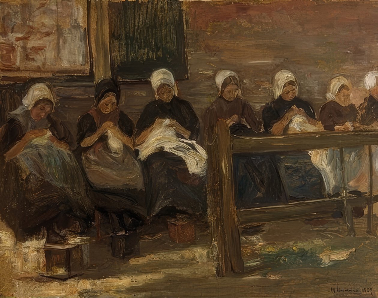 Nähende Mädchen in Huyzen - Studie mit sieben Figuren. 1889 von Max Liebermann