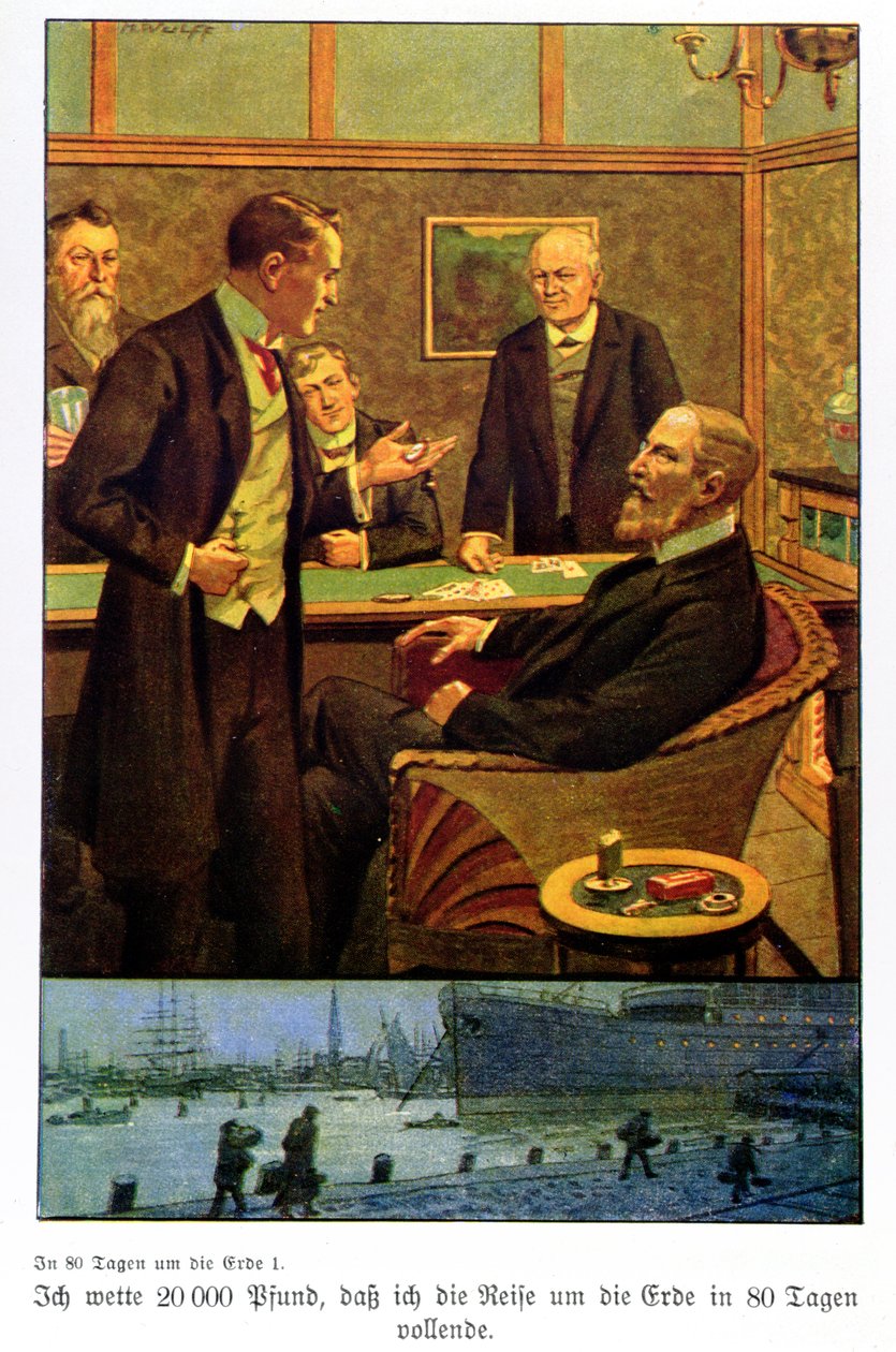 Phileas Fogg nimmt die Wette im Reform Club an, dass er in 80 Tagen um die Welt reisen kann, Illustration aus einer in Berlin veröffentlichten Ausgabe von Max Wulff