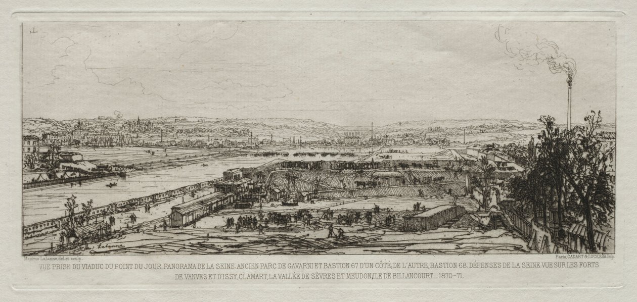 Souvenir artistiques du Siège de Paris: Vue prise du viaduc du Pont-du-Jour..., 1870-71 von Maxime Lalanne