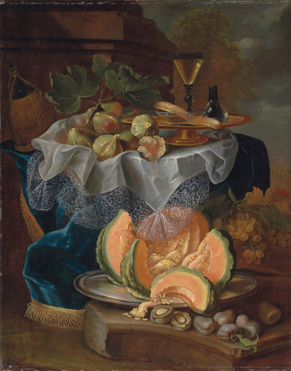Feigen, eine vergoldete Tazza mit einem facon-de-venise Weinglas, auf einem drapierten Tisch, eine aufgeschnittene Melone auf einem Zinnteller mit Pflaumen auf einem Sockel von Maximilian Pfeiler or Pfeiller