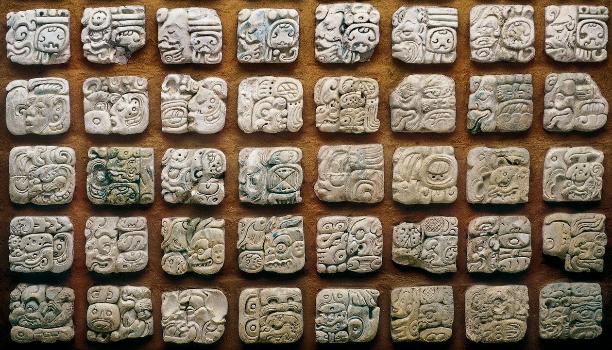 Maya-Kalender (320-1697) bestehend aus verschiedenen Glyphen (gravierte Steine) von Mayan Mayan