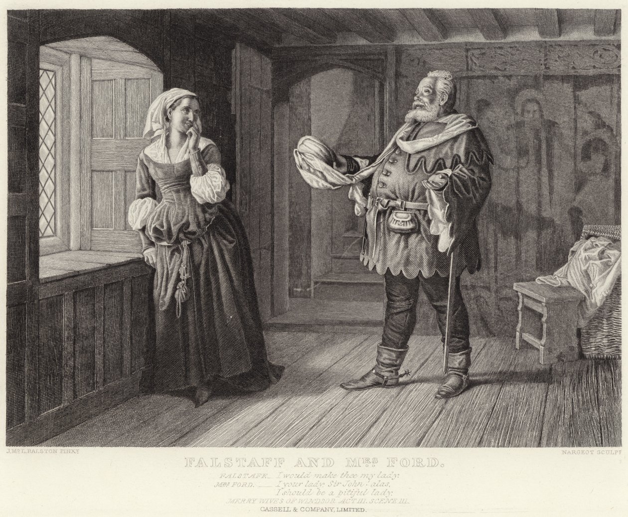 Falstaff und Frau Ford, Die lustigen Weiber von Windsor, Akt III, Szene III (Gravur) von McLaren John Ralston