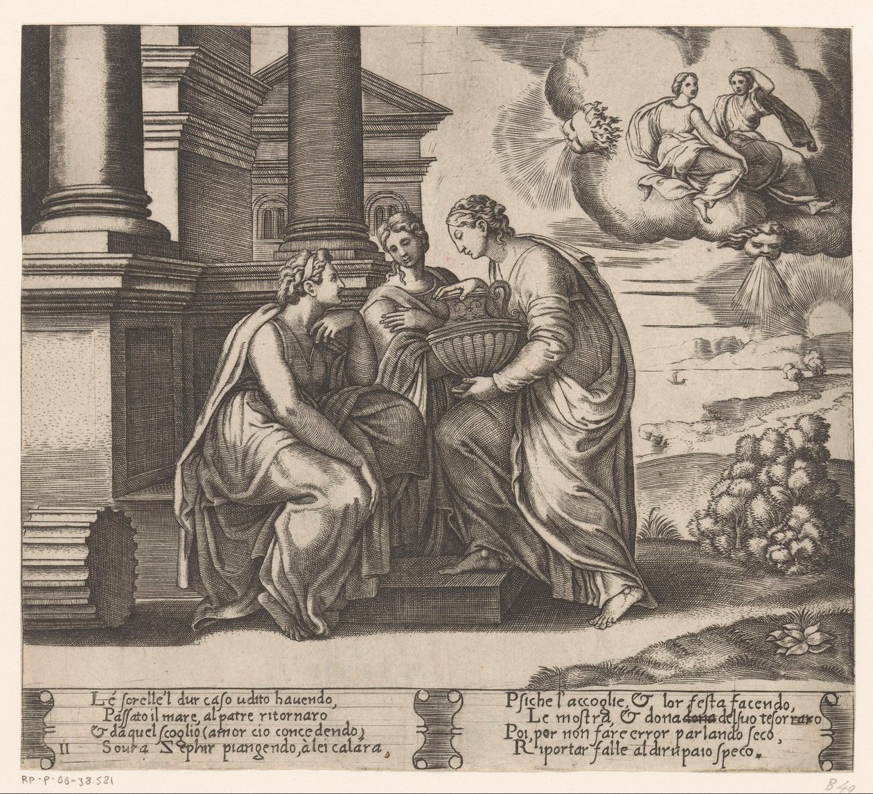Psyche wird von ihren Schwestern besucht (Geschichte von Amor und Psyche) von Meester van de Dobbelsteen