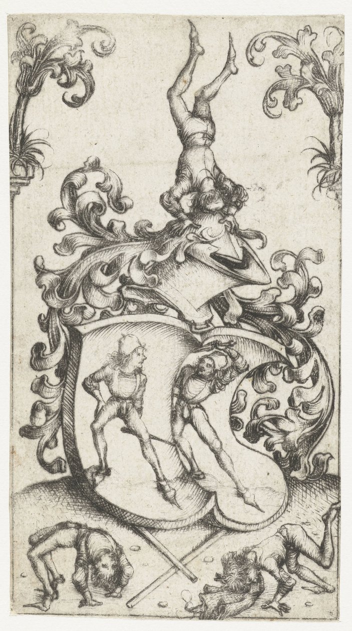 Wappenschild mit Akrobaten und Schwertkämpfern von Meester van het Amsterdamse Kabinet