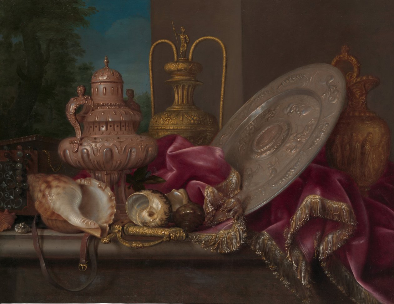 Stillleben mit Silber- und Goldplatte, Muscheln und einem Schwert, viertes Viertel des 17. Jahrhunderts von Meiffren Conte