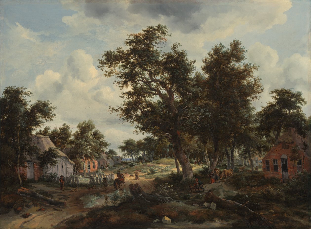 Waldlandschaft mit Reisenden auf einem Pfad durch ein Dorf von Meindert Hobbema