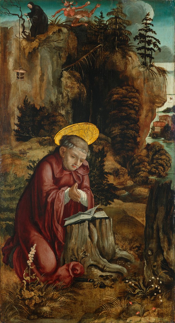 Der hl. Benedikt vor der Höhle in Subiaco von Meister des Innerochsenbacher Annenaltars