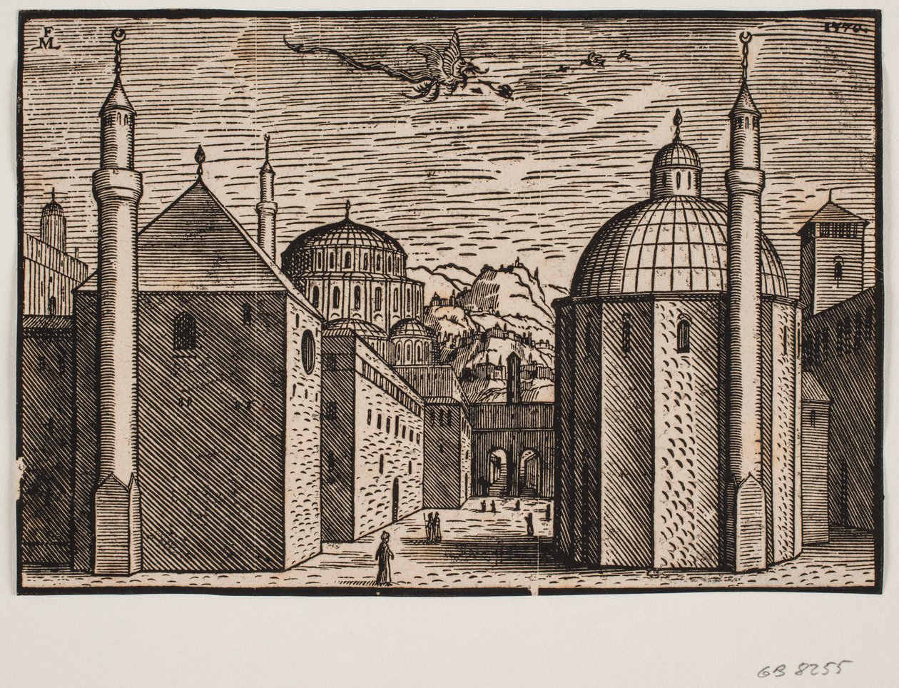 3 Moscheen, jede mit 1 Minarett; am Himmel ein fliegender Drache mit langem Schwanz von Melchior Lorck