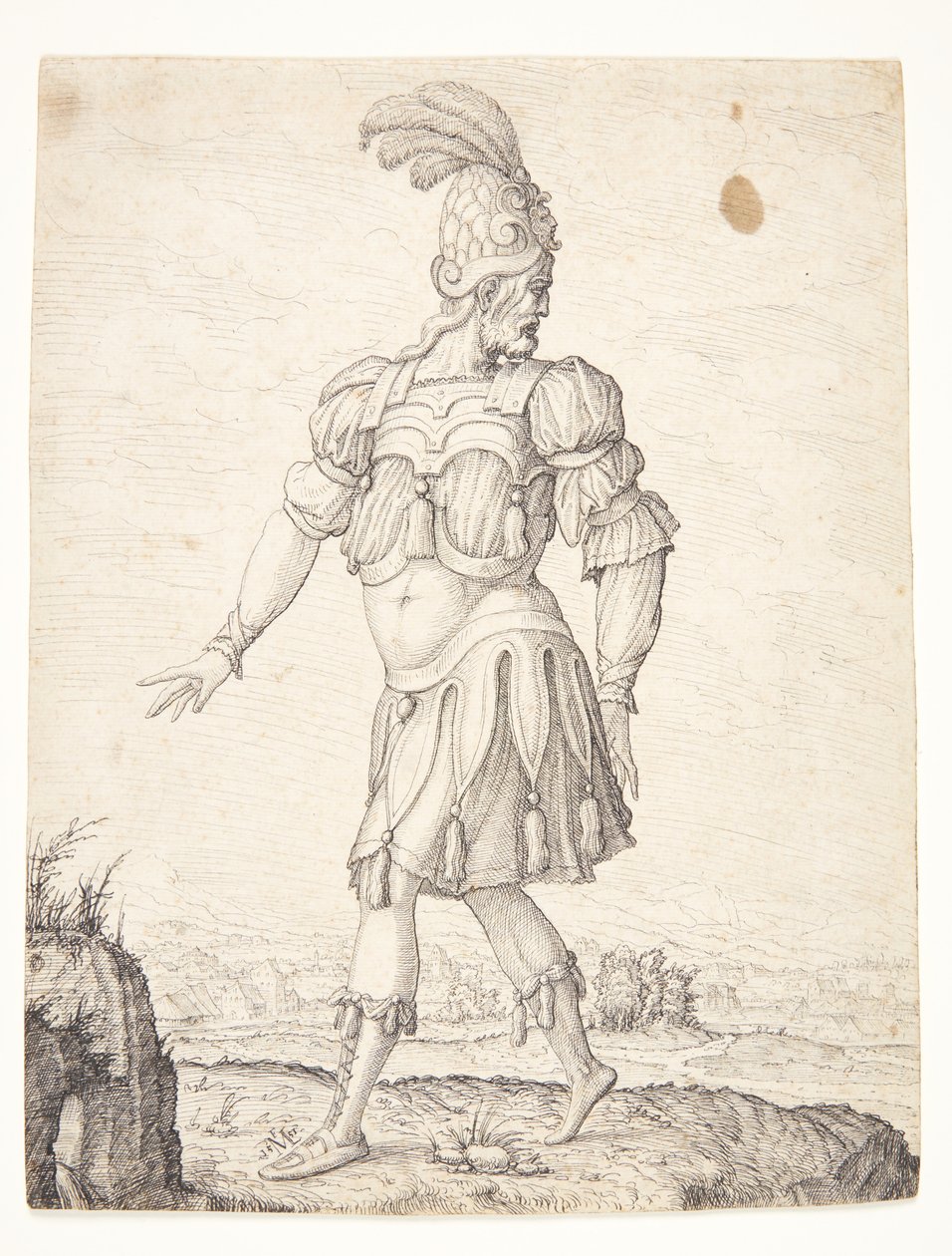 Ein Mann in römischer Kleidung, der auf eine Quelle zeigt von Melchior Lorck