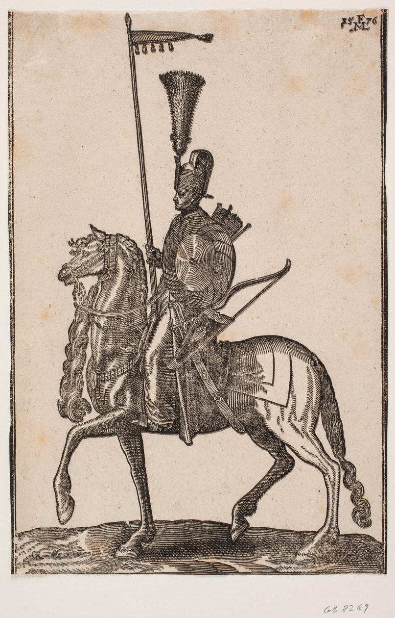 Berittener Soldat, Profil nach links; Lanze mit Wimpel, Bogen daneben, runder Schild, Köcher; Kopfbedeckung mit Federbusch von Melchior Lorck