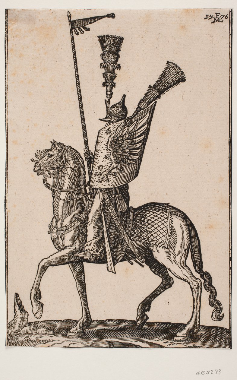 Berittener Soldat, Profil nach links; Lanze mit Wimpel, Metallhelm mit sehr hohem Federbusch, Schild mit Adlerflügel und ein weiterer hoher Federbusch von Melchior Lorck