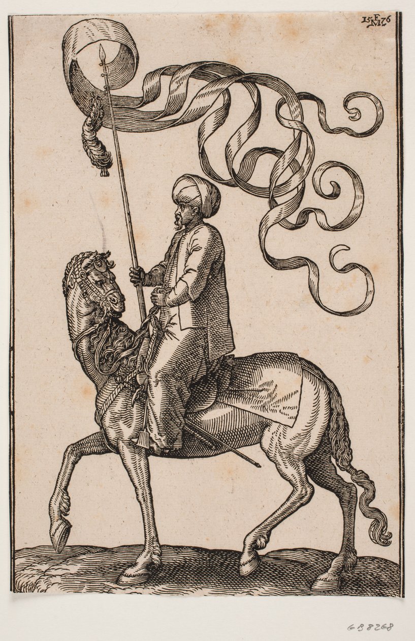 Berittener Standartenträger, Profil nach links; die Standarte ist dreizackig und darunter hängt eine Feder; sein Schwert ist zwischen seinem linken Bein und der Flanke des Pferdes angebracht von Melchior Lorck