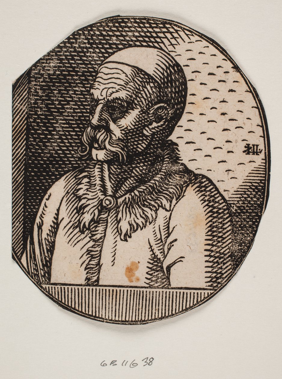 Büste eines Mannes mit Bart und Kalotte; 3/4 Profil nach links von Melchior Lorck