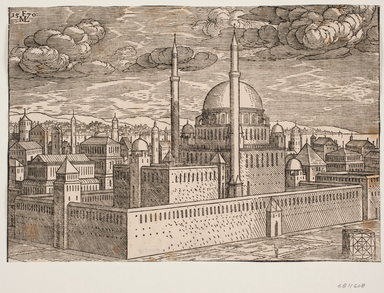 Moschee mit zwei Minaretten, gesehen von Nordwesten; auf der anderen Seite des Wassers ist Galata zu sehen? In der unteren rechten Ecke befindet sich ein kubisch geformter Stein, auf dem eine quadratische geometrische Figur eingraviert ist, eine Figur, die von Melchior Lorck