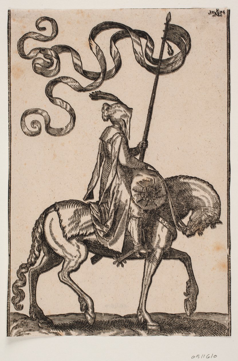 Berittener Fahnenträger, Profil nach rechts; die Standarte ist zweischwänzig; der Reiter ist unbewaffnet; auf dem Rücken des Pferdes vor ihm befindet sich ein wurstförmiger Sack zum Tragen von Gepäck von Melchior Lorck