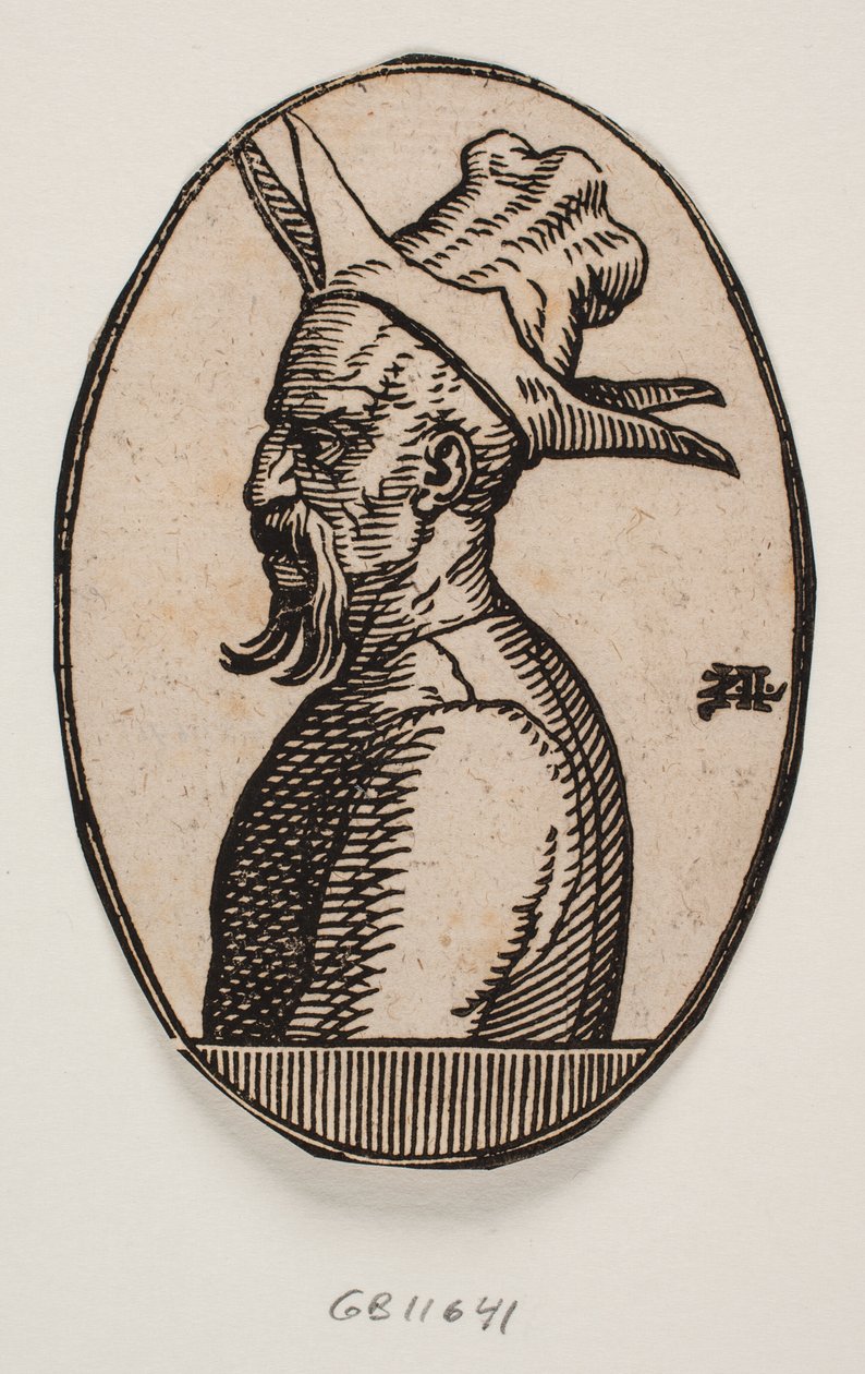 Ovalmedaillon mit Büste eines Mannes mit hängendem Schnurrbart und Hut mit vier Klappen; die linke Seite des Gesichts des Mannes ist im Profil zu sehen von Melchior Lorck