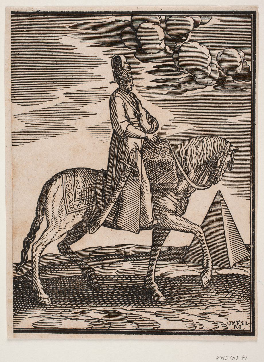 Reiter mit einer Flasche um den Hals, Profil nach rechts; ein Schwert an seiner rechten Seite und Gepäck vor ihm, über den Sattel drapiert; rechts im Hintergrund eine Pyramide von Melchior Lorck