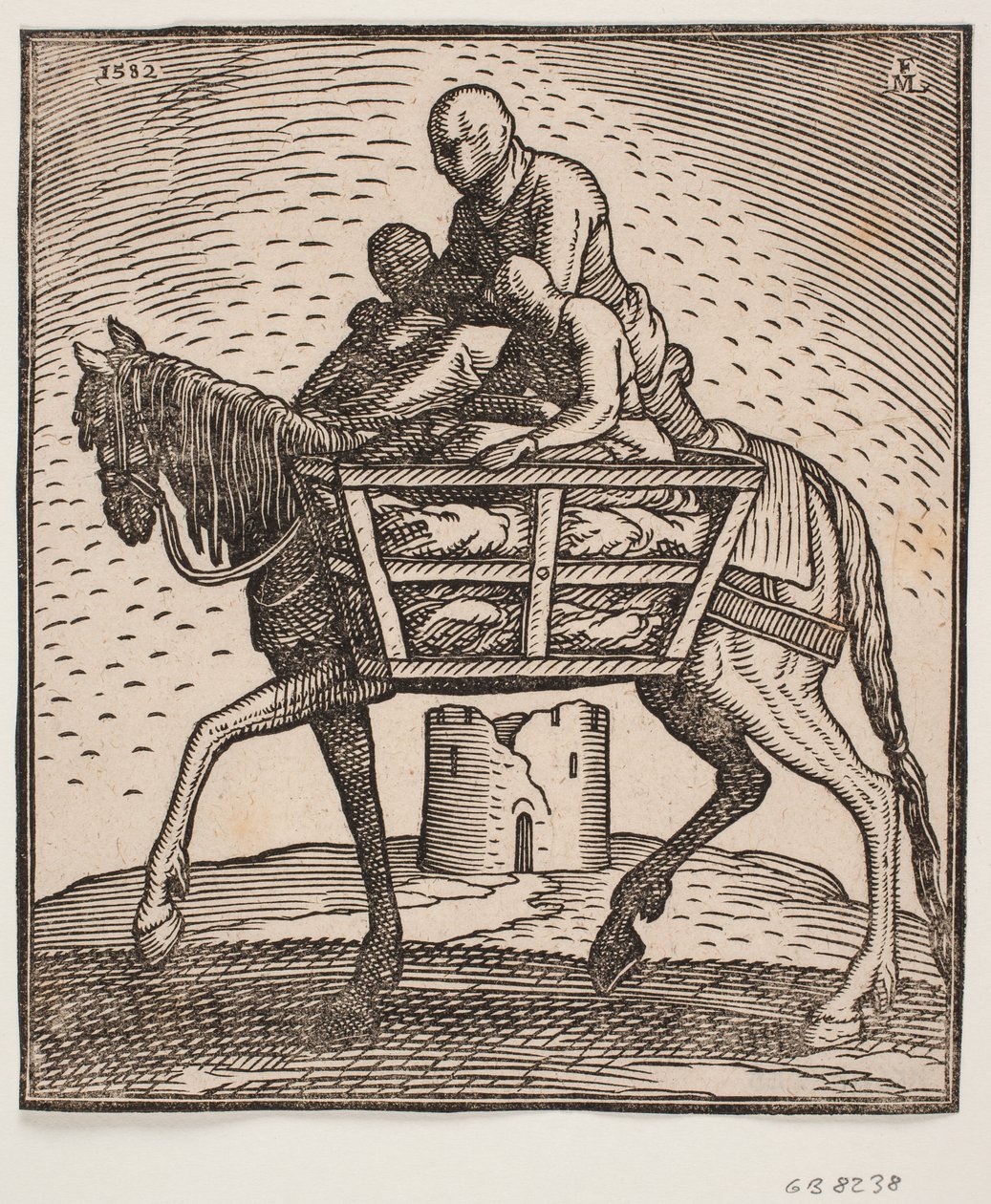 Reiter mit Kapuze über dem Gesicht; auf jeder Seite des Pferdes ein Gitterkäfig mit einer Person; Profil nach links; unter dem Pferd eine ruinierte, zylindrische Turm von Melchior Lorck