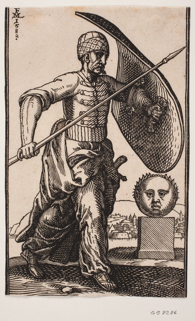 Soldat geht nach rechts; auf dem linken Arm ein gebogenes Schild, in der rechten Hand eine Lanze; rechts ein Sockel mit einem kugelförmigen, frontal gesehenen Kopf; in der Ferne hinter dem Kopf eine Stadt am Wasser von Melchior Lorck