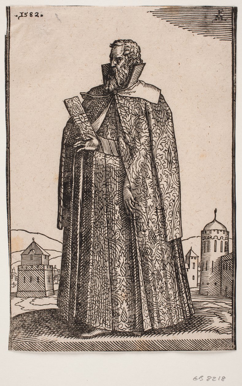 Stehender Botschafter in europäischer (venezianischer?) Tracht, 3/4 Profil nach links; in der rechten Hand hält er ein Briefetui von Melchior Lorck