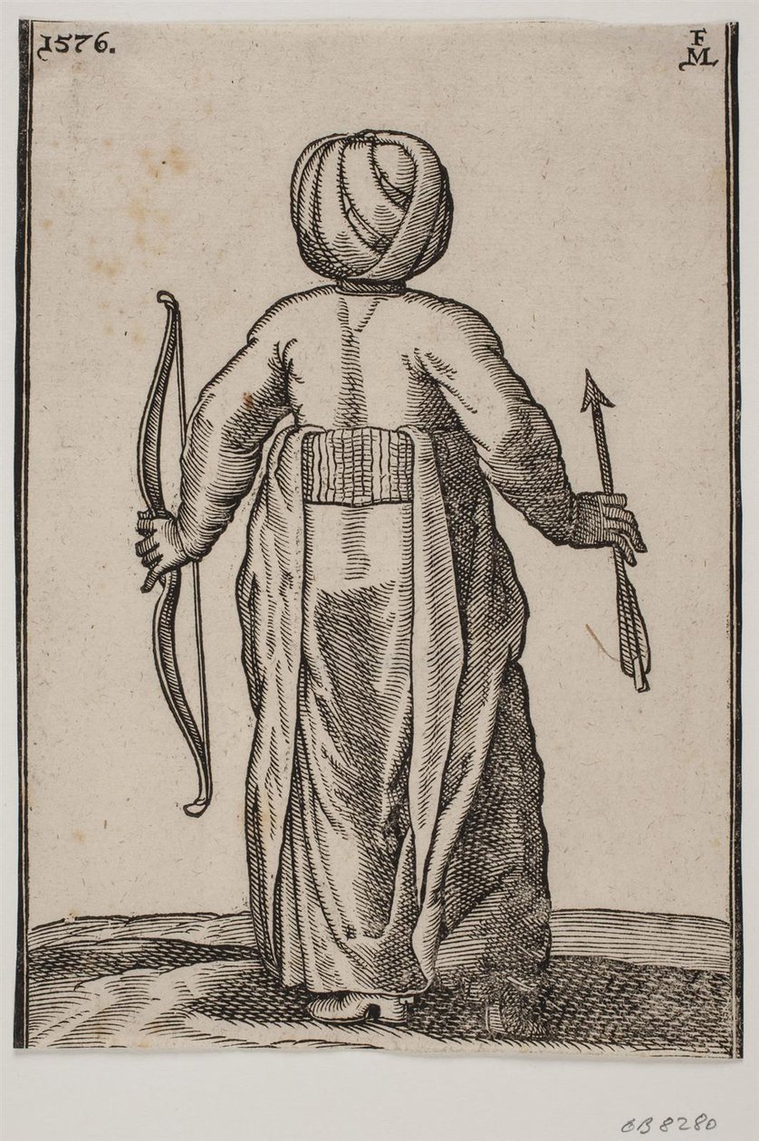 Stehender Bogenschütze, von hinten gesehen; in der linken Hand ein Bogen, in der rechten Hand ein Pfeil von Melchior Lorck
