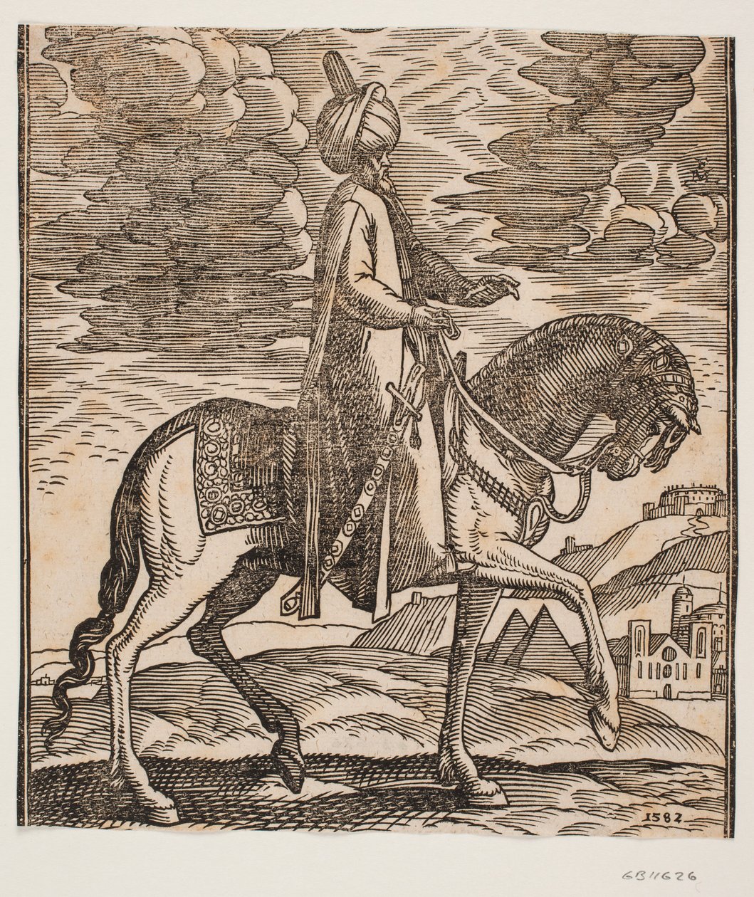 Reiter mit Turban, mit einem Schwert an seiner rechten Seite, Profil nach rechts; zwischen den Vorderbeinen des Pferdes kommen zwei Pyramiden in Sicht von Melchior Lorck