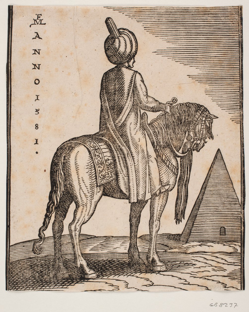 Turbantragender, unbewaffneter Reiter von schräg hinten gesehen; rechts im Hintergrund eine Pyramide von Melchior Lorck
