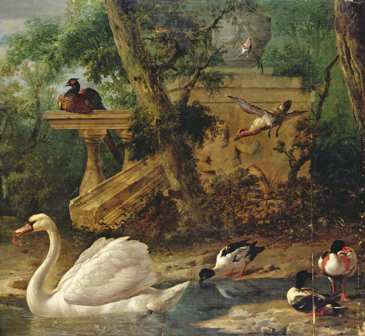 Vögel in einem Garten von Melchior de Hondecoeter
