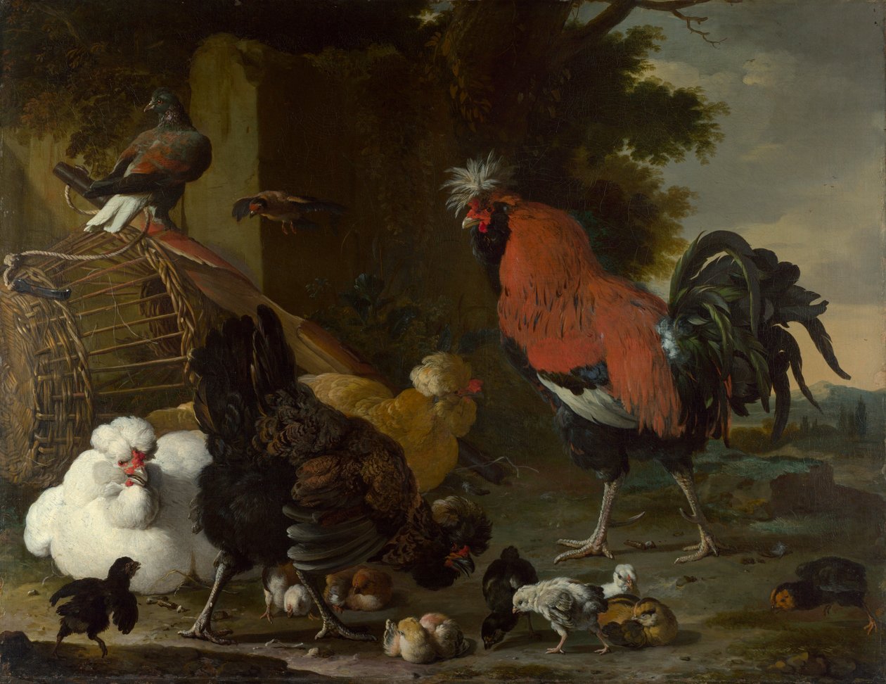 Ein Hahn, Hühner und Küken von Melchior de Hondecoeter