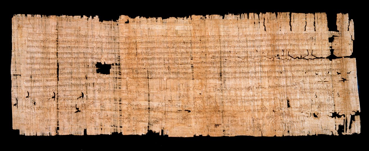 Merowingische Zeit: Rechtsdokument auf Papyrus, das das Privileg der Immunität bestätigt, das König Clovis II. der Abtei Saint Denis am 22.06.654 gewährt hat. Paris, Nationalarchive von Merovingian