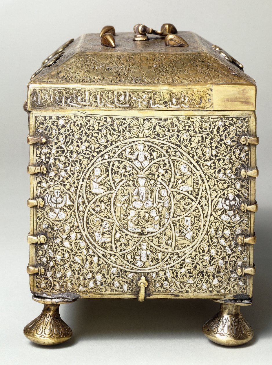 Ein mesopotamischer Messingkasten mit Silberintarsien, mit Zifferblättern für ein Kombinationsschloss (Seitenansicht) von Mesopotamian