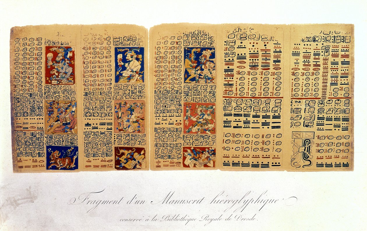 Kopie eines Fragments des Dresdner Kodex, das Maya-Astronomieberechnungen zeigt von Mexican School